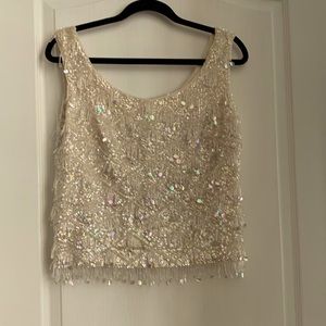 Vintage 70s sequin beaded ivory sleeveless shell with zipper enclosure